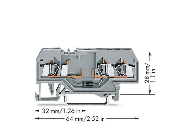 Šedá elektrická svorka se šroubovým spojem, dvěma přípoji a rozměry: 32 mm šířka, 64 mm délka, 28 mm výška.