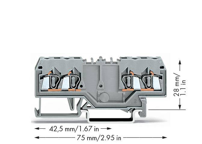 Příčný řez šedé elektrické řadové svorkovnice s rozměry: výška 28 mm (1,1 palce), šířka 42,5 mm (1,67 palce), délka 75 mm (2,95 palce).
