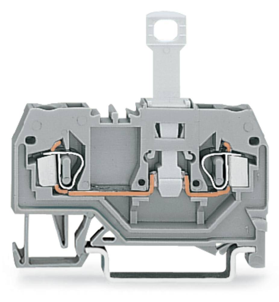 Šedý elektrický rozvodný svorkovnicový modul s měděnými spoji, používaný pro bezpečné propojení vodičů v rozváděčích.
