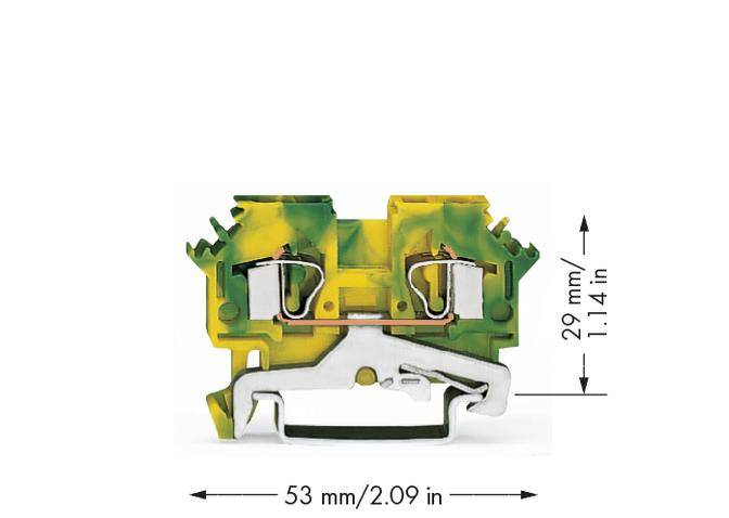 Žluto-zelený elektrický svorkovnicový blok, rozměry: 53 mm x 29 mm.