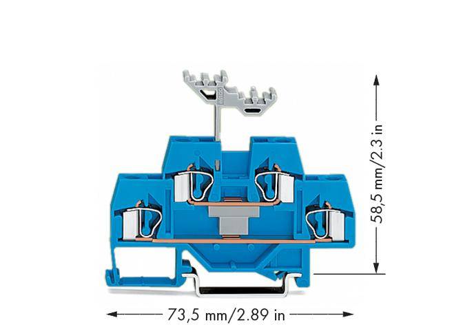 Modrý, obdélníkový svěrací blok se čtyřmi kovovými svorkami, ve dvou řadách, s rozměry: výška 58,5 mm, šířka 73,5 mm.