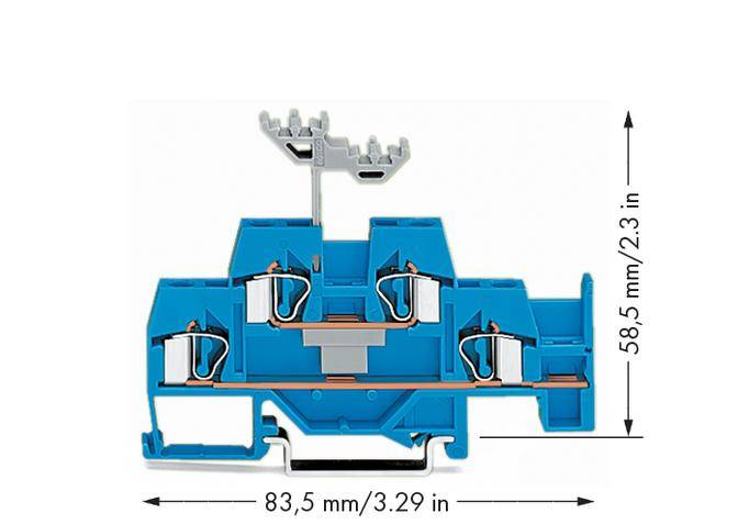 Příčný řez modrého elektronického konektoru. Rozměry: šířka 83,5 mm (3,29 palce) a výška 58,5 mm (2,3 palce).