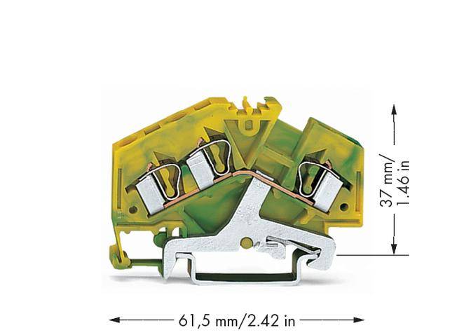 Svorková svorka ve žluto-zelené barvě s kovovými kontakty. Rozměry: 61,5 mm šířka, 37 mm výška.
