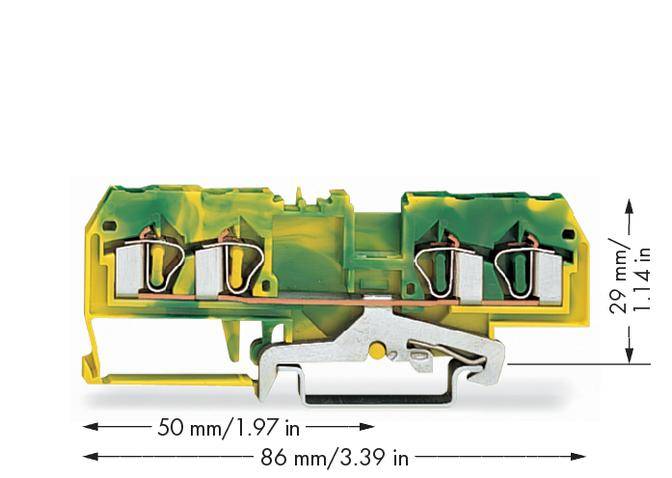 Obrázek žluto-zeleného konektoru s rozměry: šířka 86 mm, výška 29 mm, hloubka 50 mm. Zobrazuje drátové svorky a kovové spoje.