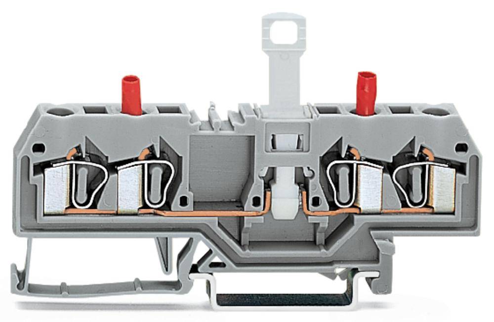 Šedý elektrický svorkovnicový blok s měděnými sběrnicemi a šroubovými svorkami, vhodný pro propojení a jištění elektrických vedení.