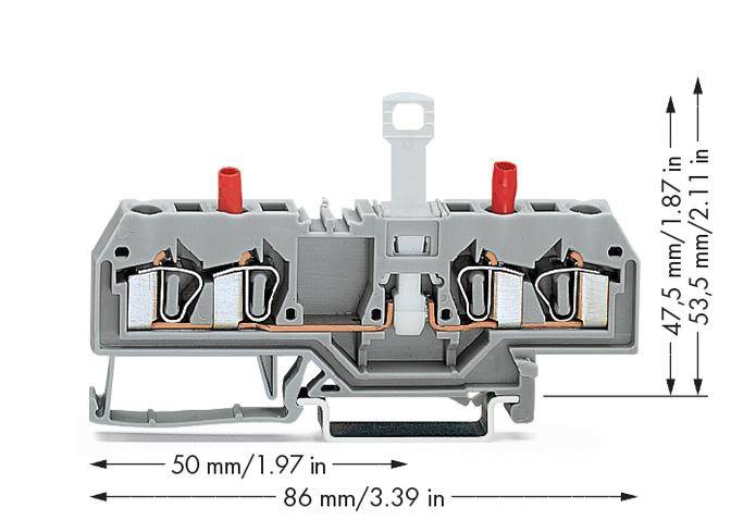 Šedá svorka s rozměry: 47,5 mm vysoká, 53,5 mm široká. Dva červené konektory nahoře. Základna je široká 50 mm, celková šířka 86 mm.