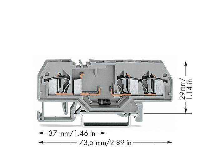 Šedý dvouúrovňový terminálový blok, rozměry: 37 mm x 29 mm x 73,5 mm.