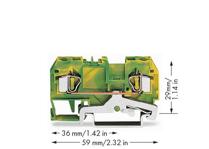 Elektrický svorkovnicový blok v zeleno-žluté barvě, rozměry: 36 mm x 59 mm x 29 mm. Vhodný pro elektrické spoje.