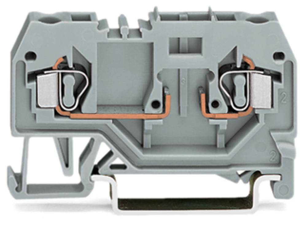 Šedá elektrická svorkovnice se dvěma svorkami a měděnými spoji, která se používá k bezpečnému propojení elektrických vodičů.