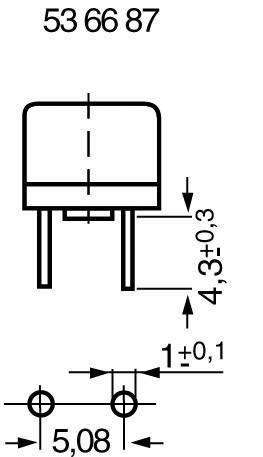 Výkres elektrické součástky s rozměry: výška 4,3 mm, šířka 5,08 mm, rozteč otvorů 5,08 mm.