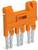 Oranžový plastový konektor se čtyřmi stříbrnými kontaktními kolíky, pravděpodobně komponenta pro elektrické instalace.
