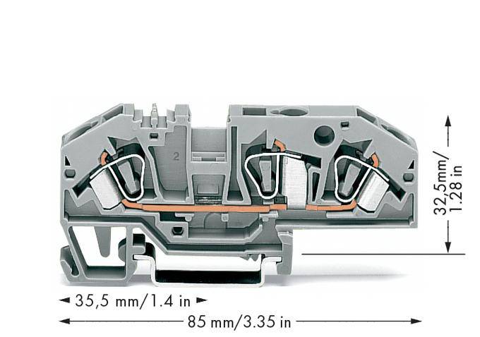 Příčný řez šedou svorkovnicí s rozměry: 32,5 mm výška, 35,5 mm šířka, 85 mm délka. Vnitřní měděné spoje jsou viditelné.