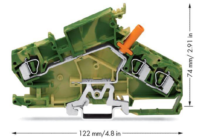 Zeleno-žlutý elektrický svorový spoj s oranžovou pákou, vysoký 74 mm, dlouhý 122 mm, s viditelnými připojovacími svorkami.