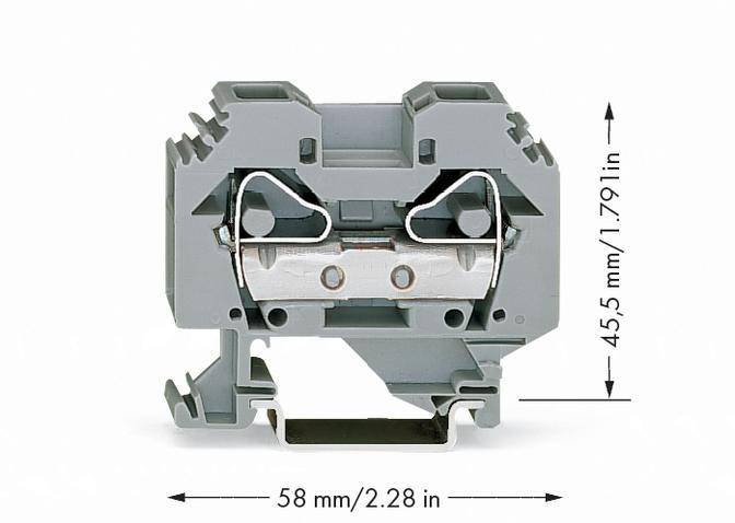 Šedý svorkovnicový blok s rozměry 58 mm x 45,5 mm (2,28 palce x 1,79 palce), s viditelným centrálním kovovým propojovacím prvkem.