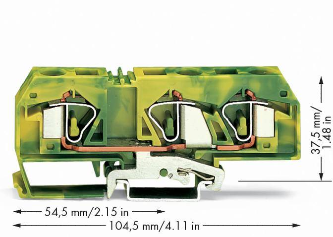 Obrázek žluto-zeleného svorkovnicového bloku s rozměry: šířka 104,5 mm (4,11 palce), hloubka 54,5 mm (2,15 palce), výška 37,5 mm (1,48 palce).