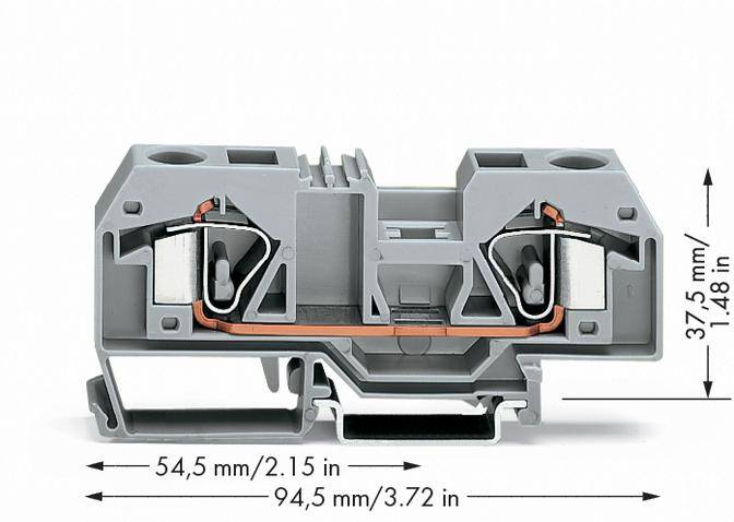 Šedý modul s měděným drátovým připojením o rozměrech 54,5 mm x 94,5 mm x 37,5 mm zobrazuje technický prvek.