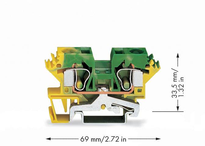 Dvoupatrová řadová svorka, zeleno-žlutá, s rozměry: 33,5 mm výška a 69 mm šířka, technický výkres pro průmyslový standard.