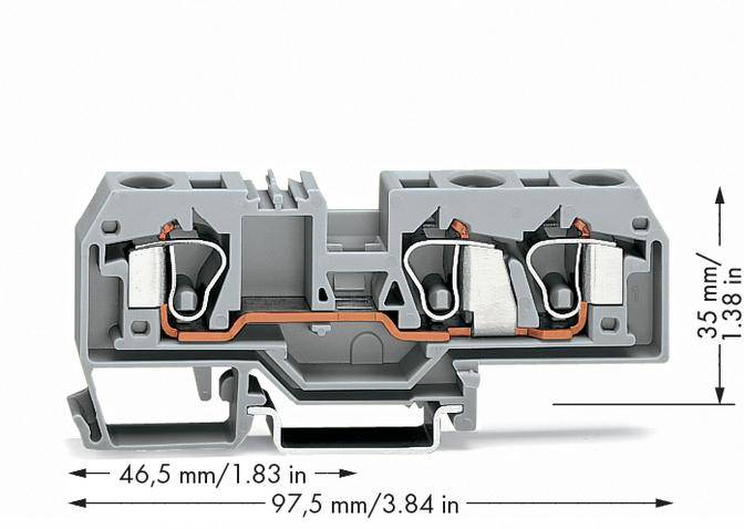 Šedý svorkovnicový modul s vnitřní měděnou drážkou. Rozměry: šířka 97,5 mm, hloubka 46,5 mm, výška 35 mm. Dva propojovací body jsou viditelné.