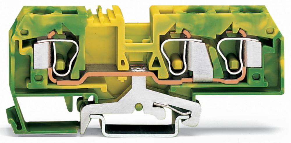 Svorkovnice v zelené a žluté barvě s kovovými připojovacími svorkami a šroubovým mechanismem, která se používá k elektrickému propojení.