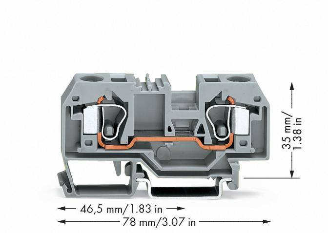 Šedá svorka s rozměry: 46,5 mm šířka, 35 mm výška, 78 mm hloubka. Uvnitř jsou viditelné dvě kovové svorky.