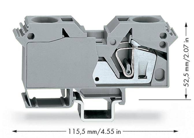 Šedý elektrický připojovací blok s pákovým mechanismem, zobrazený z bočního pohledu. Rozměry: 115,5 mm široký, 52,5 mm vysoký.