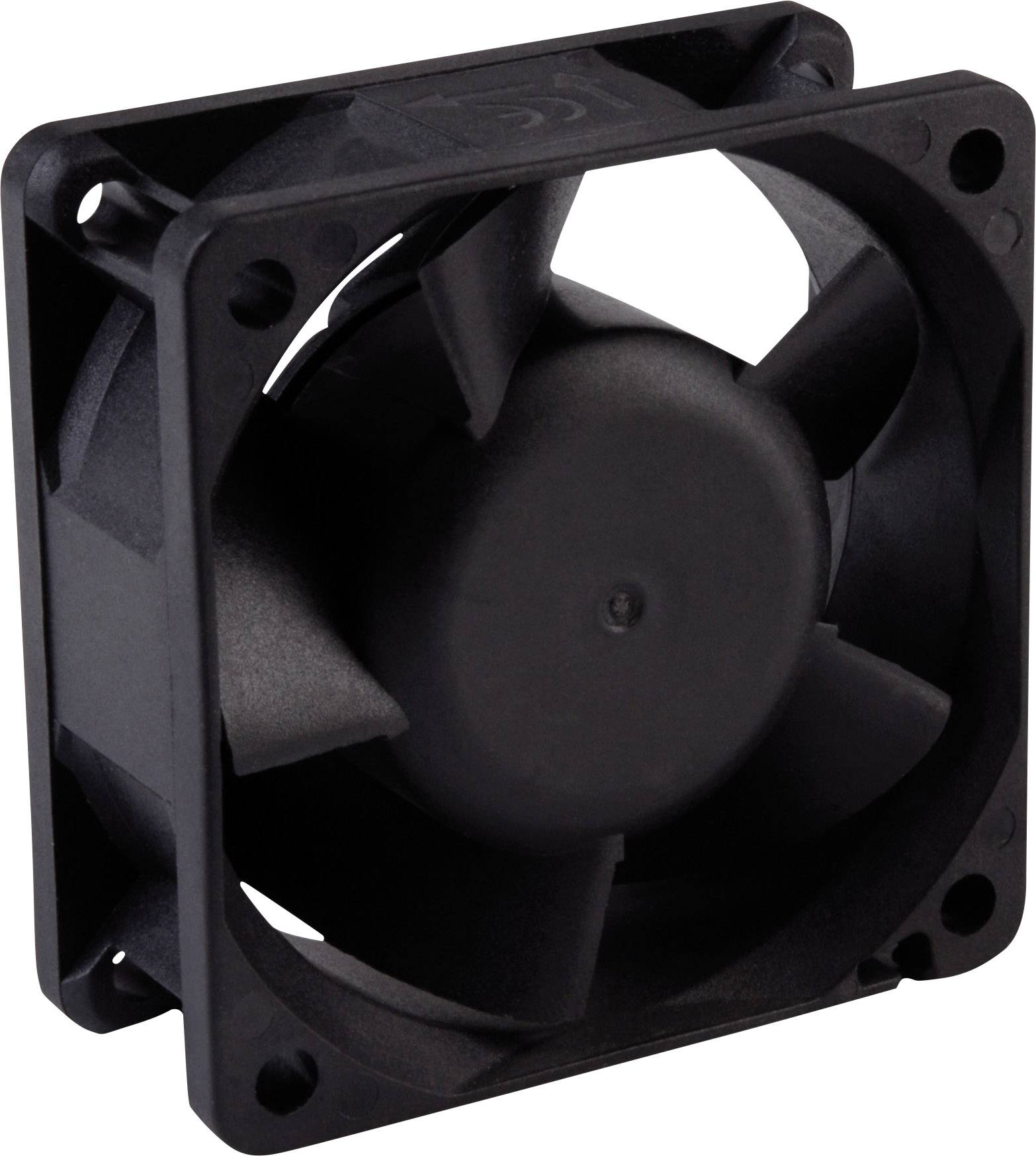 Černý, čtvercový ventilátor s pěti lopatkami, vhodný pro chlazení elektronických zařízení.