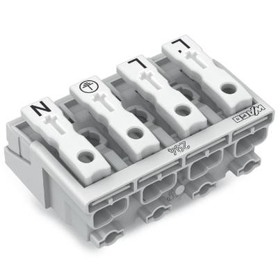 Šedá elektrická svorkovnice se čtyřmi bílými svorkami, označená 'N', symbolem uzemnění, 'L', 'L1', 'WAGO 294'.