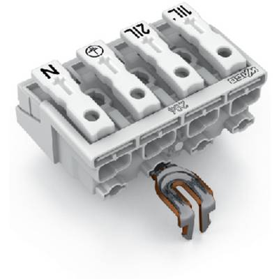 Bílá elektrotechnická vidlice se čtyřmi vstupy, označenými 'N', 'L1', 'L2', 'L3', a U-tvarovou zemnicí svorkou dole.