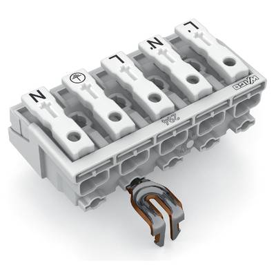 Elektrický svorkovnicový blok s označeními 'N', symbol uzemnění, 'L', 'N', 'L' na bílých páčkách, určený pro připojení kabelů.