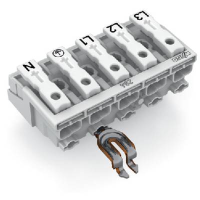 Bílá, pětipólová elektrická svorkovnice s popisky 'N, L1, L2, L3' na připojovacích místech. Kovová svorka je připevněna na spodní straně.