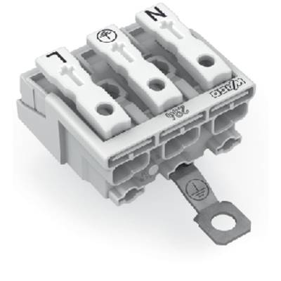 Zobrazený je šedý elektrický rozvodný blok se třemi svorkami, označenými L, N a uzemňovacím symbolem.