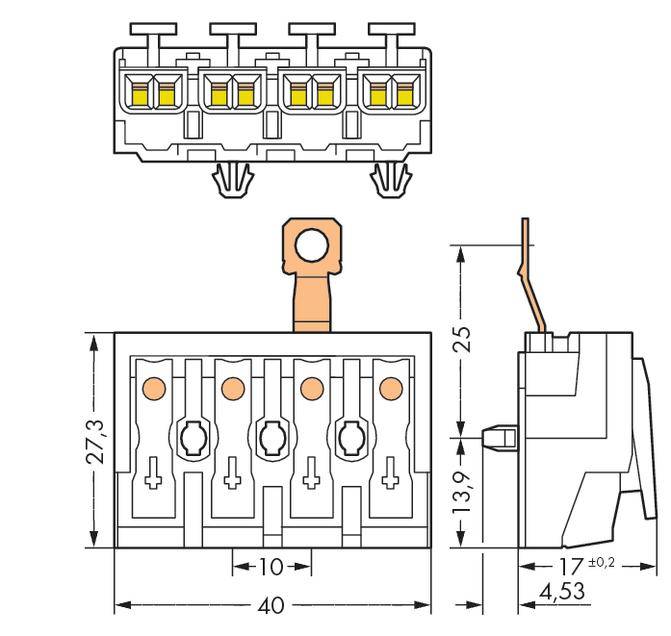 Obrázek elektrického spínače z různých pohledů s rozměry. Rozměry: šířka 40 mm, výška 27,3 mm, hloubka 25 mm.