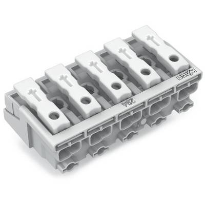 Šedý vícepolový konektor s pěti bílými pákami pro elektrické propojení vodičů. Název značky a číslo produktu jsou vyryty.