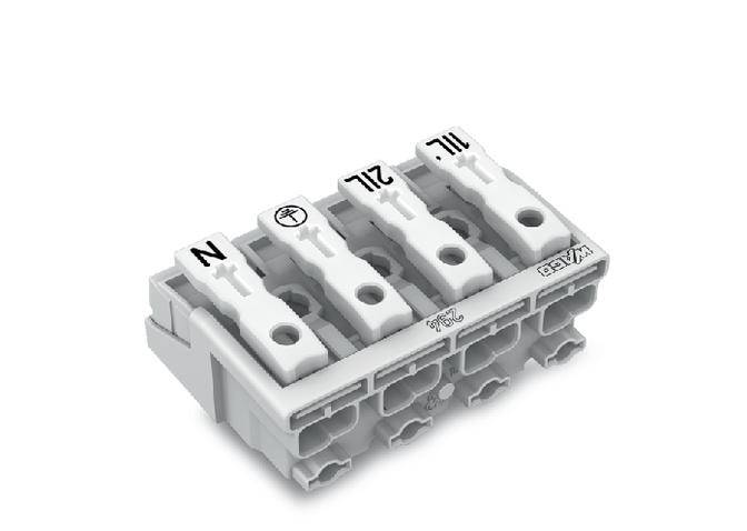 Bílý připojovací konektor se čtyřmi svorkovými místy, označenými 'N', 'PE', '2/L' a '1/L'. Používá se pro elektrické připojení.