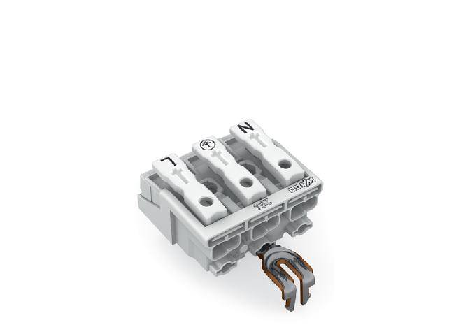 Šedý elektrický rozváděč se třemi svorkami, označený štítky 'L', symbol uzemnění a 'N' pro fázový, zemnicí a neutrální vodič.