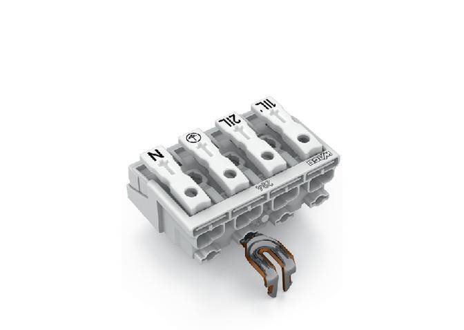 Bílý elektrický svorkovnicový modul s označením 'N', '1', '2', '3' nahoře. Dole má volně přístupné měděné propojení.