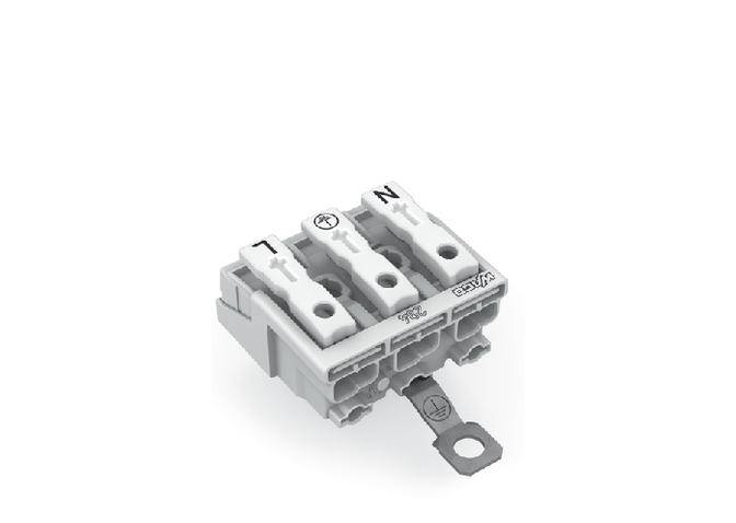 Třípólová elektrická připojovací svorka s označením '1', '2', 'N'. Vhodná pro připojení kabelů v montážním řešení.