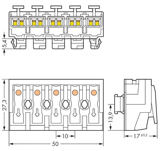 Nákres 5-pólového konektoru s rozměry: délka 50 mm, výška 27,3 mm, šířka 13,9 mm. Pohled shora a boční pohled.