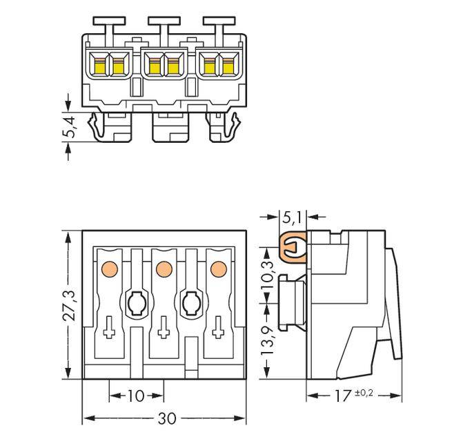 Technický výkres elektronického konektoru s rozměry: šířka 30 mm, výška 27,3 mm, hloubka 17 mm. Zobrazuje pohled shora a boční pohled.