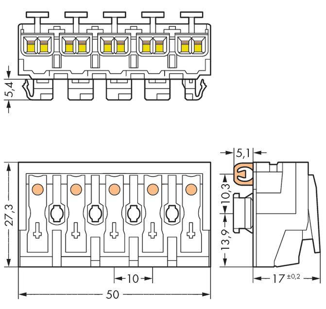 'Nákres elektrického konektoru se schématem rozměrů: výška 27,3 mm, šířka 50 mm. Detailní připojení a piny zobrazeny shora a z boku.'