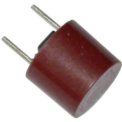 Červený válcovitý elektronický součástek se dvěma kovovými kolíky.