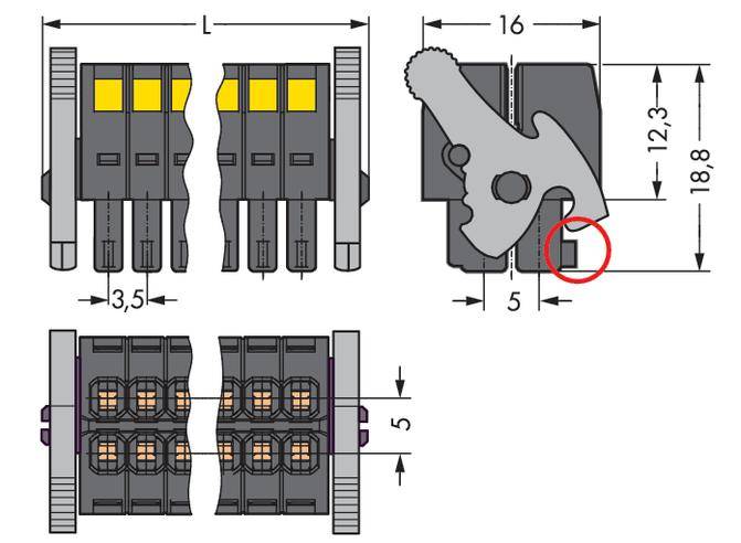 Výkres konektoru s rozměry: šířka 16 mm, výška 18,8 mm. Zobrazuje různé pohledy a komponenty konektoru.