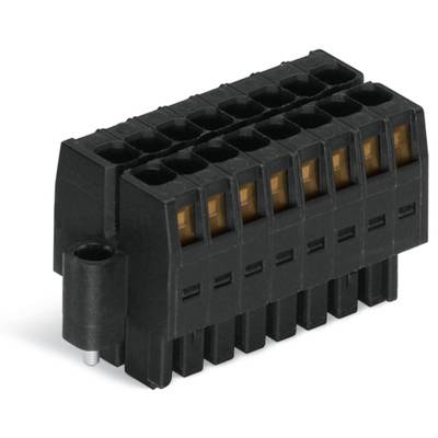 Černý konektorový konektor s deseti piny ve dvou řadách, s bočním upevňovacím zařízením. Vhodný pro elektronické připojení.
