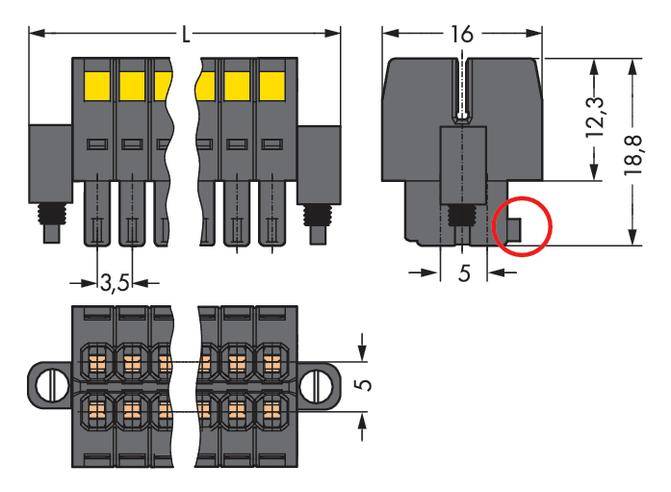 Technický výkres konektoru s rozměry: délka 16 mm, šířka 5 mm, výška 12,3 mm. Boční a pohled shora.