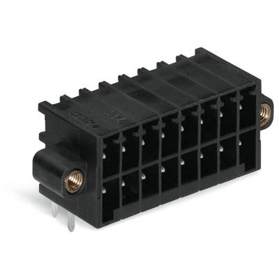 Černý plastový konektor s více kontakty, vhodný pro elektronické propojení, boční upevňovací body jsou viditelné.