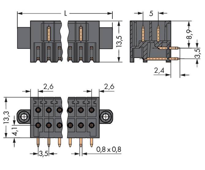 Diagram elektrického konektoru s rozměry: délka, šířka a výška jsou vyznačeny. Různé pohledy znázorňují kontakty a upevňovací body.