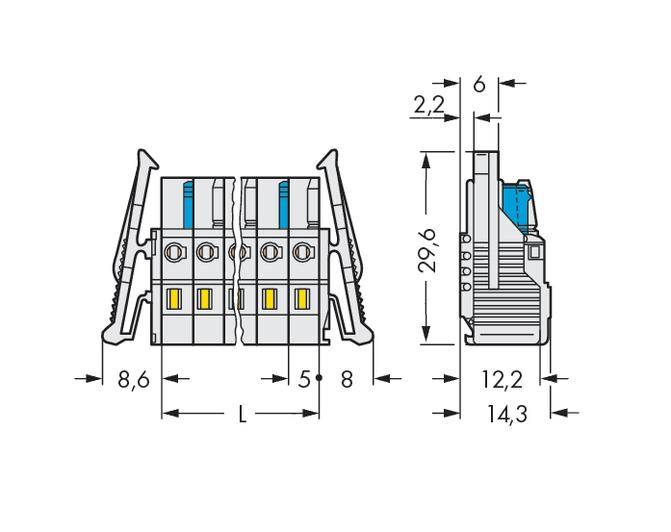 Technický výkres elektrického konektoru s bočními a předními pohledy. Detailní rozměry v milimetrech.