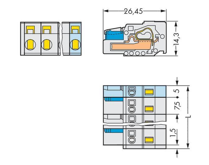 Technický výkres elektrického konektoru s rozměry: délka 26,45 mm, výška 14,3 mm, šířka 15 mm.