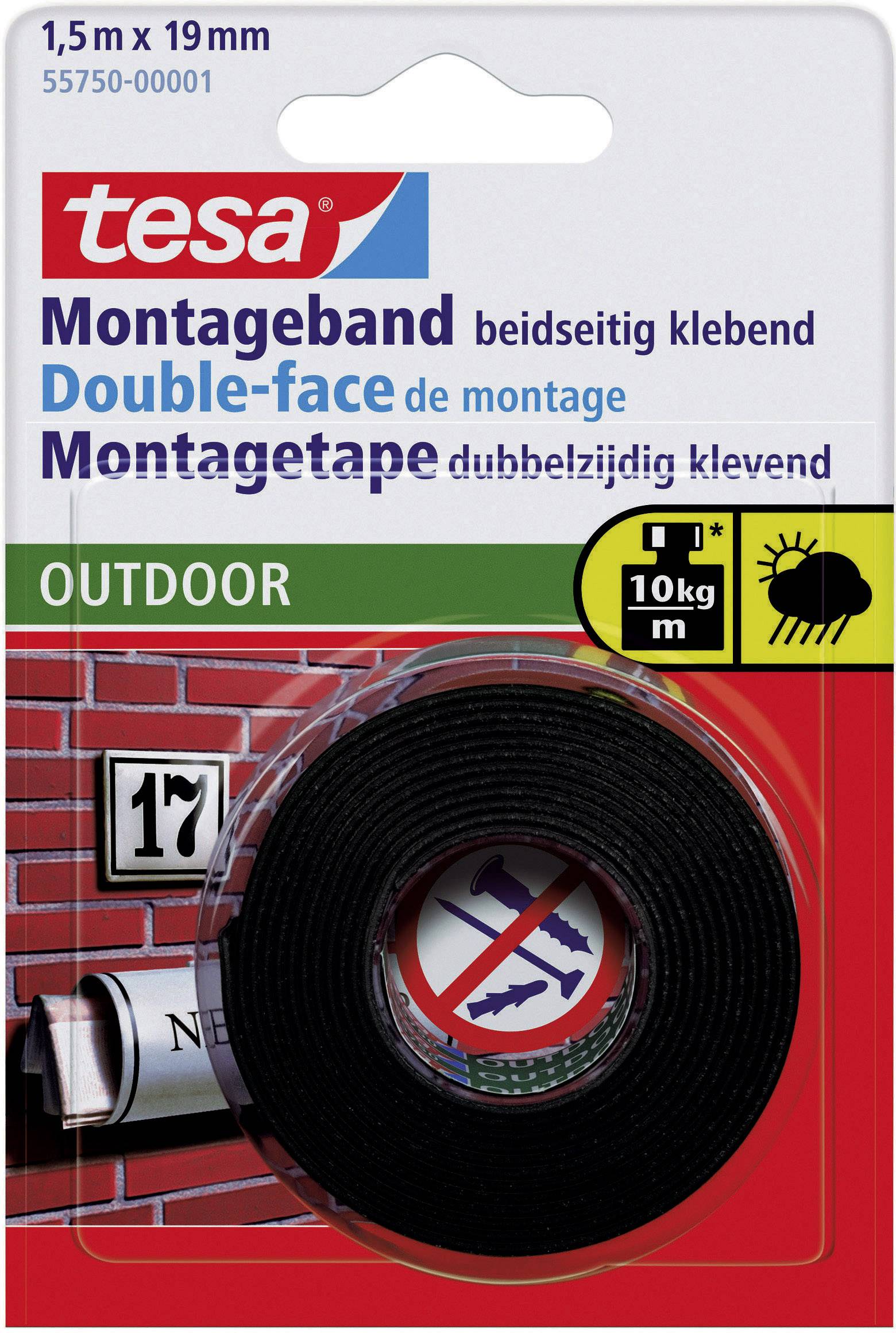Montážní páska Tesa, oboustranně lepicí, 1,5 m x 19 mm, vhodná do exteriéru. Nosnost: 10 kg na metr.