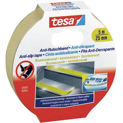 Krabice s protiskluzovou páskou Tesa, 5 m x 25 mm, fluorescenční, odolná vůči mořské vodě, s obrázkem použití v autě a na schodišti.